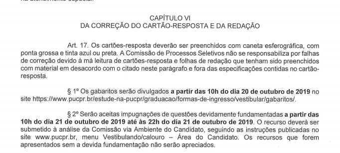 Edital do Vestibular PUCPR indicando a publicação do gabarito. 