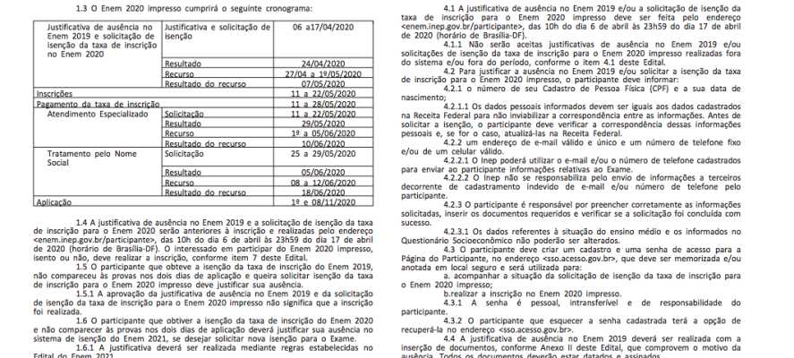 Edital do Enem 2020 impresso e digital