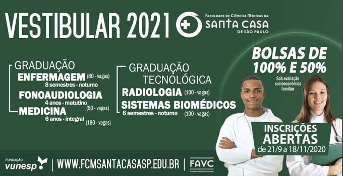 Vestibular Santa Casa 2021 abre inscrições em 21 de setembro