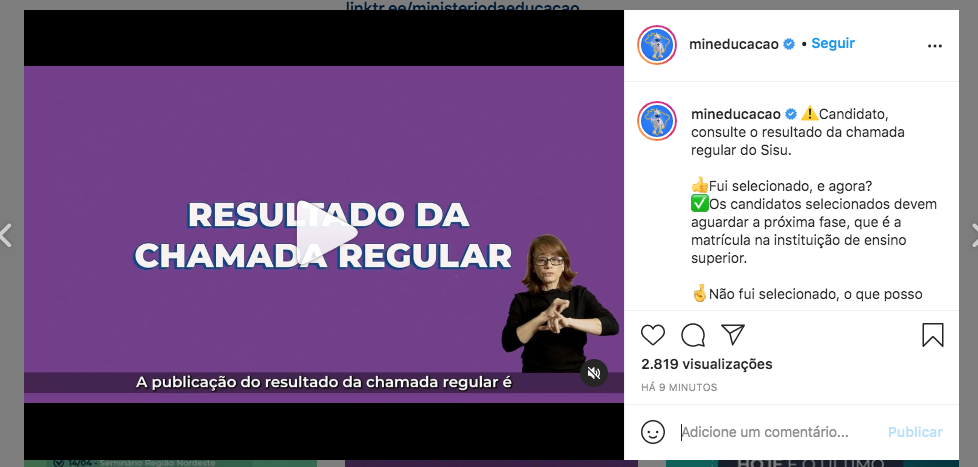 Post na conta do Instagram do MEC sobre o resultado do Sisu 2021