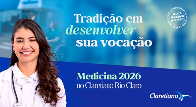 Inscrições abertas para o Vestibular de Medicina Claretiano 2026 em Rio Claro. São 36 vagas com prova em 18 de outubro. Garanta sua participação!